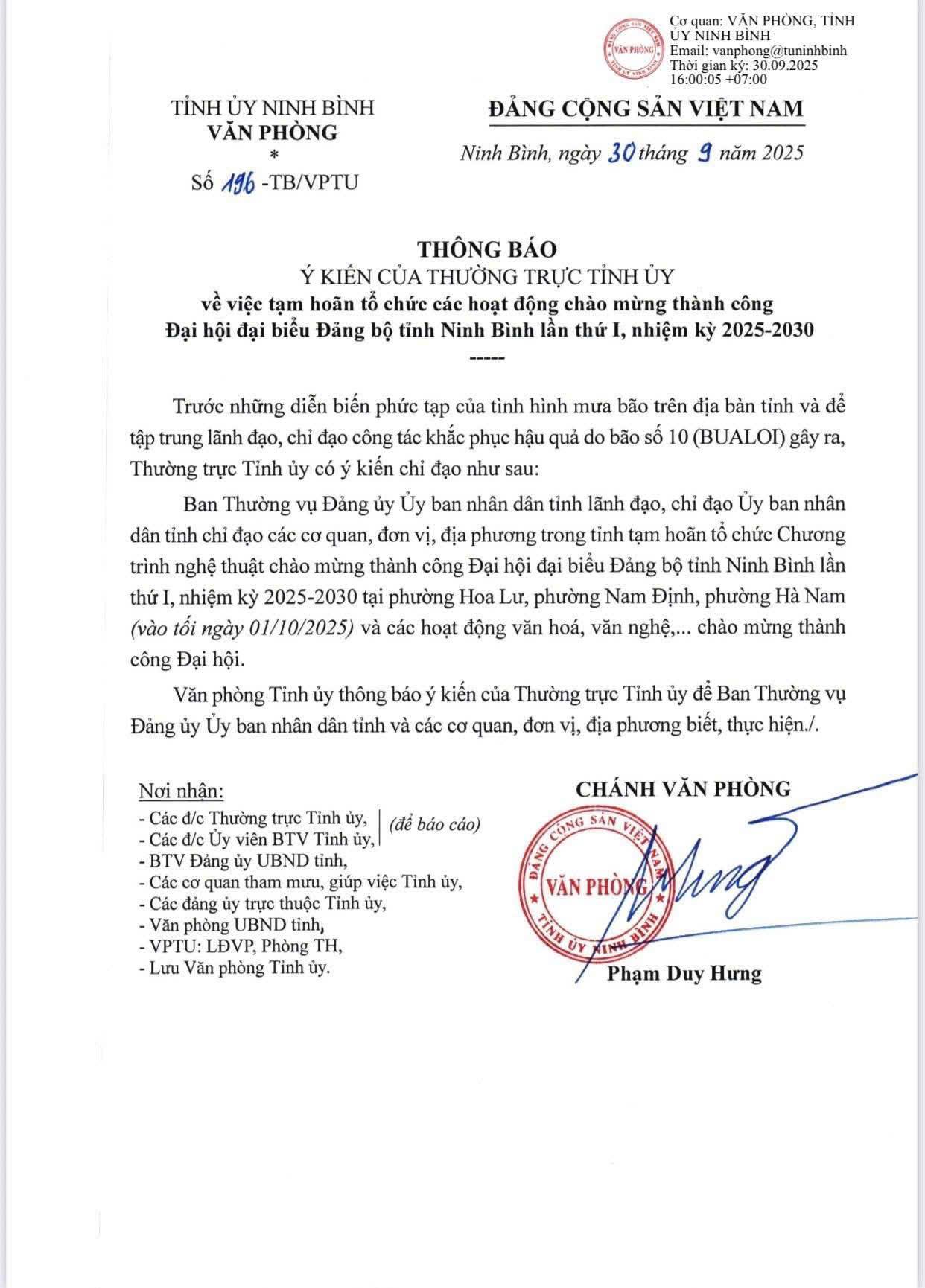 Tạm hoãn các hoạt động chào mừng thành công Đại hội đại biểu Đảng bộ tỉnh Ninh Bình lần thứ I do ảnh hưởng bão số 10